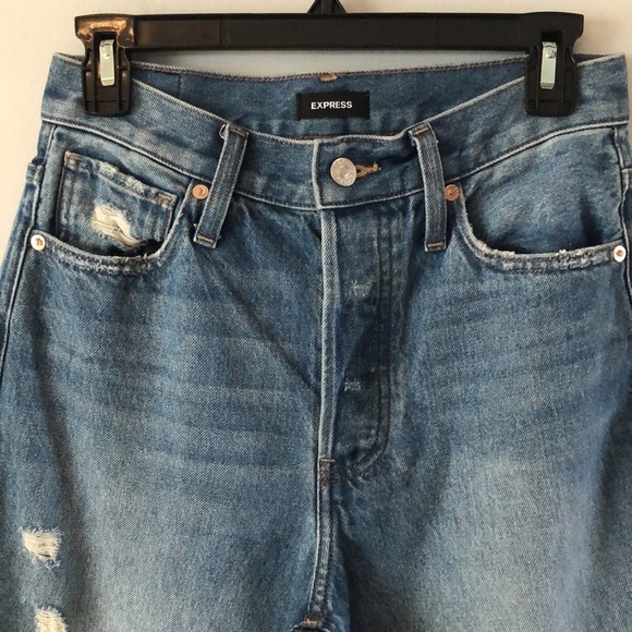 Express Dad Jeans Size 2 100% Cotton Rigid Denim Distressed Cropped High Waist - Picture 4 of 16